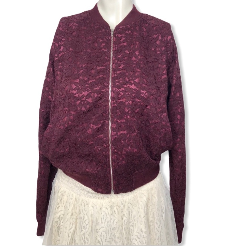 Another Story Burgundy Lace Bomber Jacket Size S